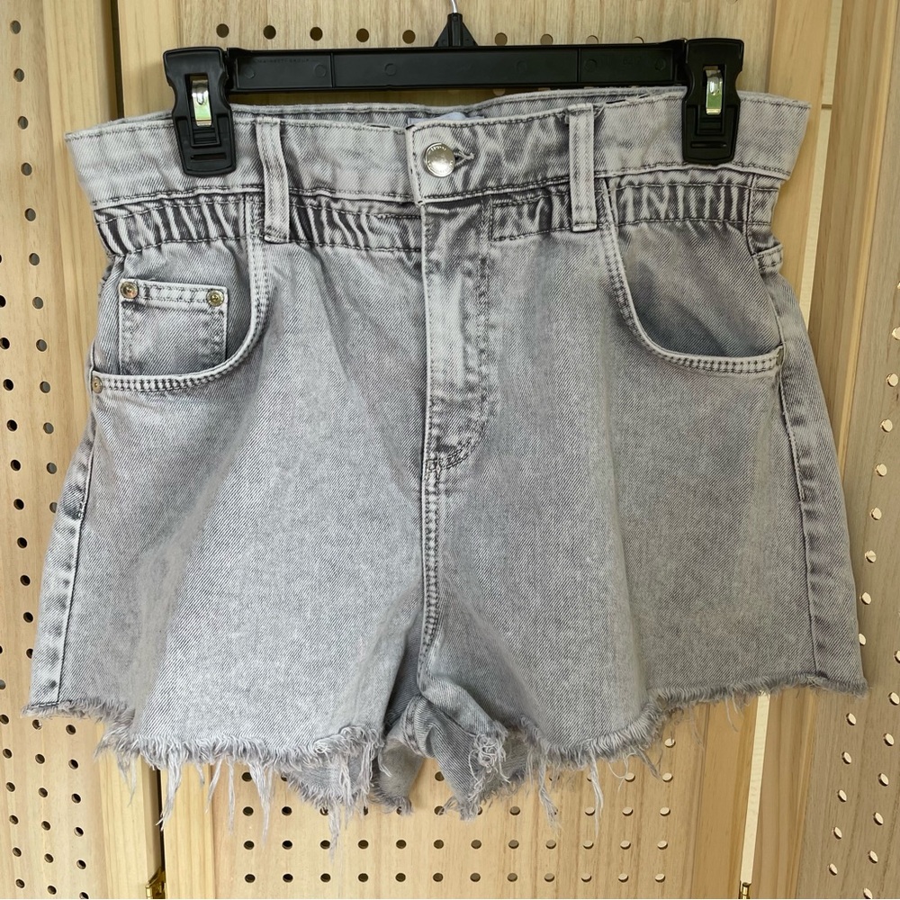 Bershka Gray Jean Shorts with Paper-Bag Waist